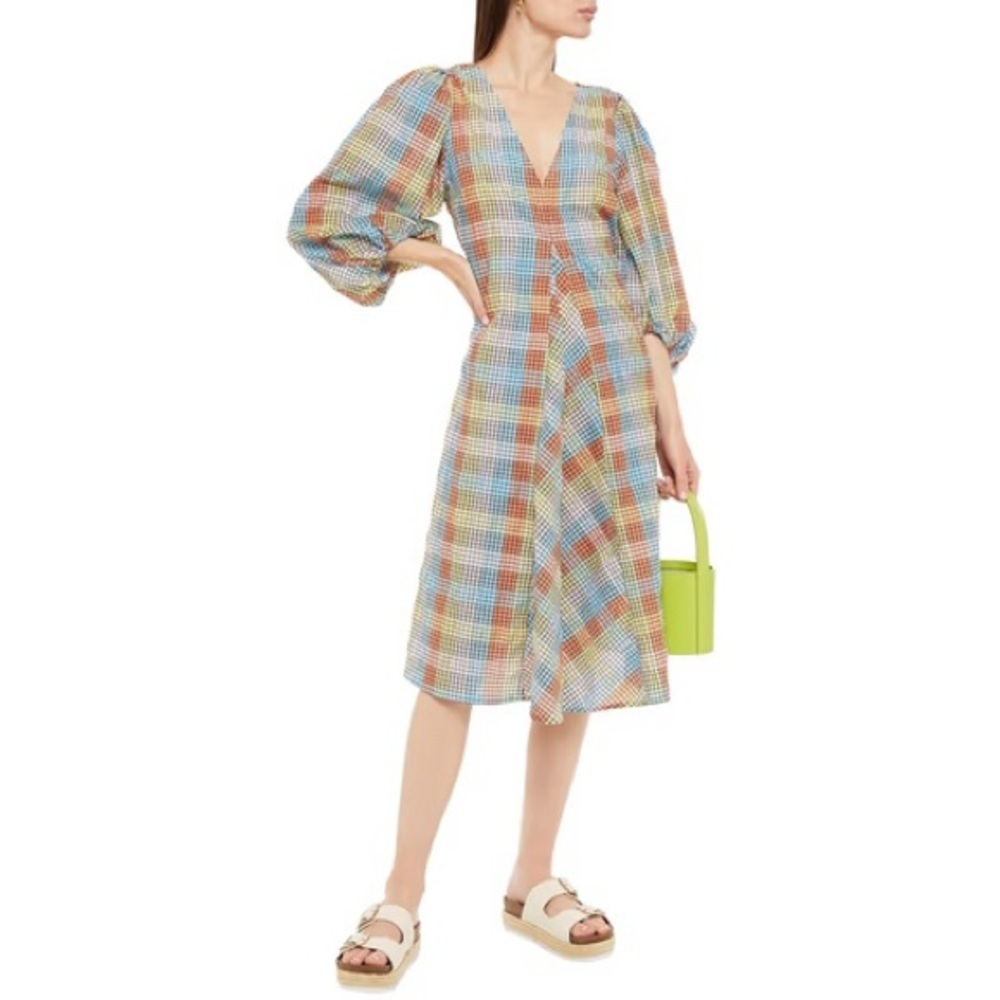 NWT Ganni Multicolor Plaid Seersucker V-Neck Dress